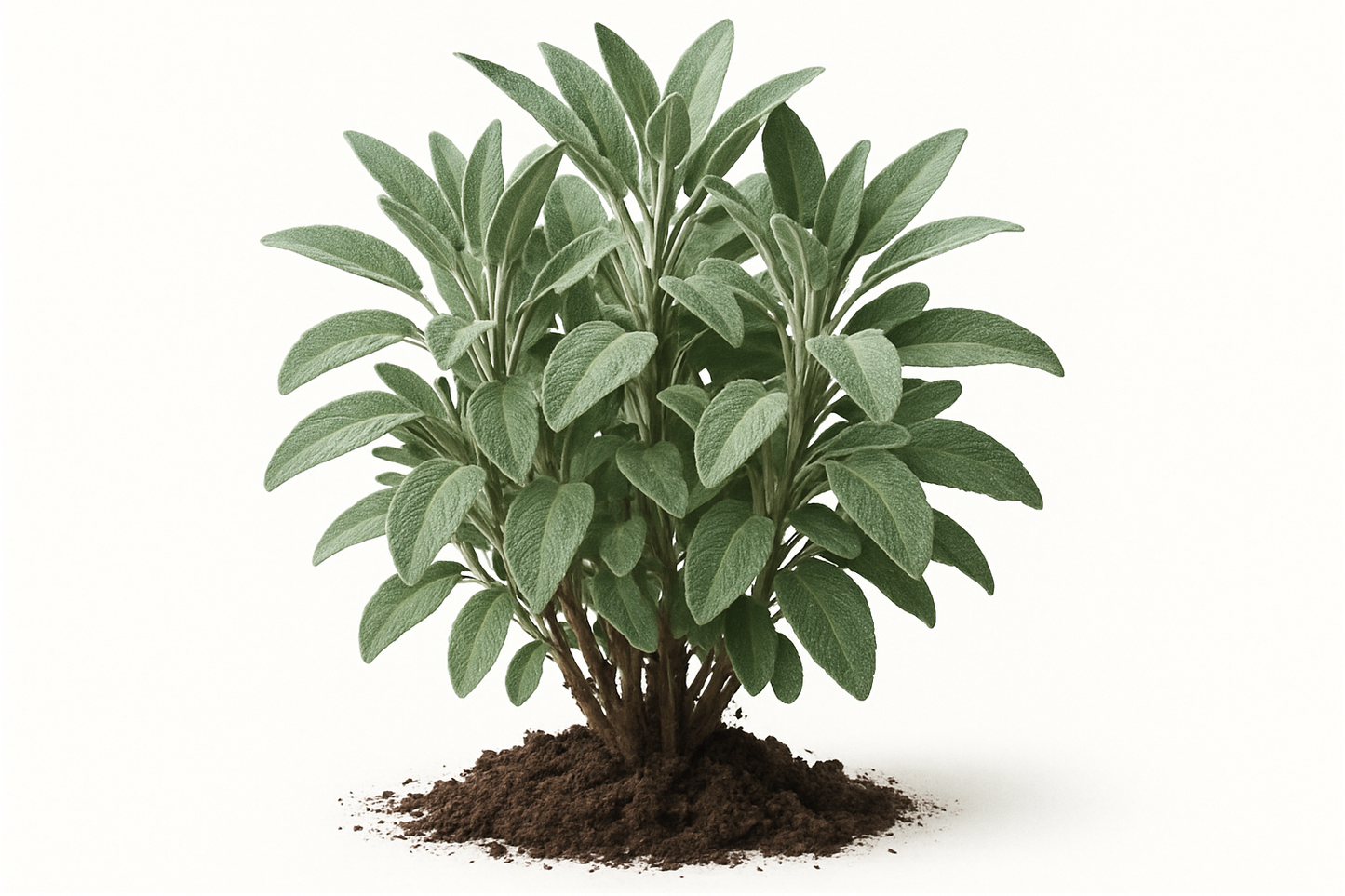 sage new dimension snow hill Show the entire, mature plant upright with true-to-type, healthy foliage, and in a small clump of natural soil. Use a solid, clean white background in a high-detail, fresh botanical catalog style for an online store.