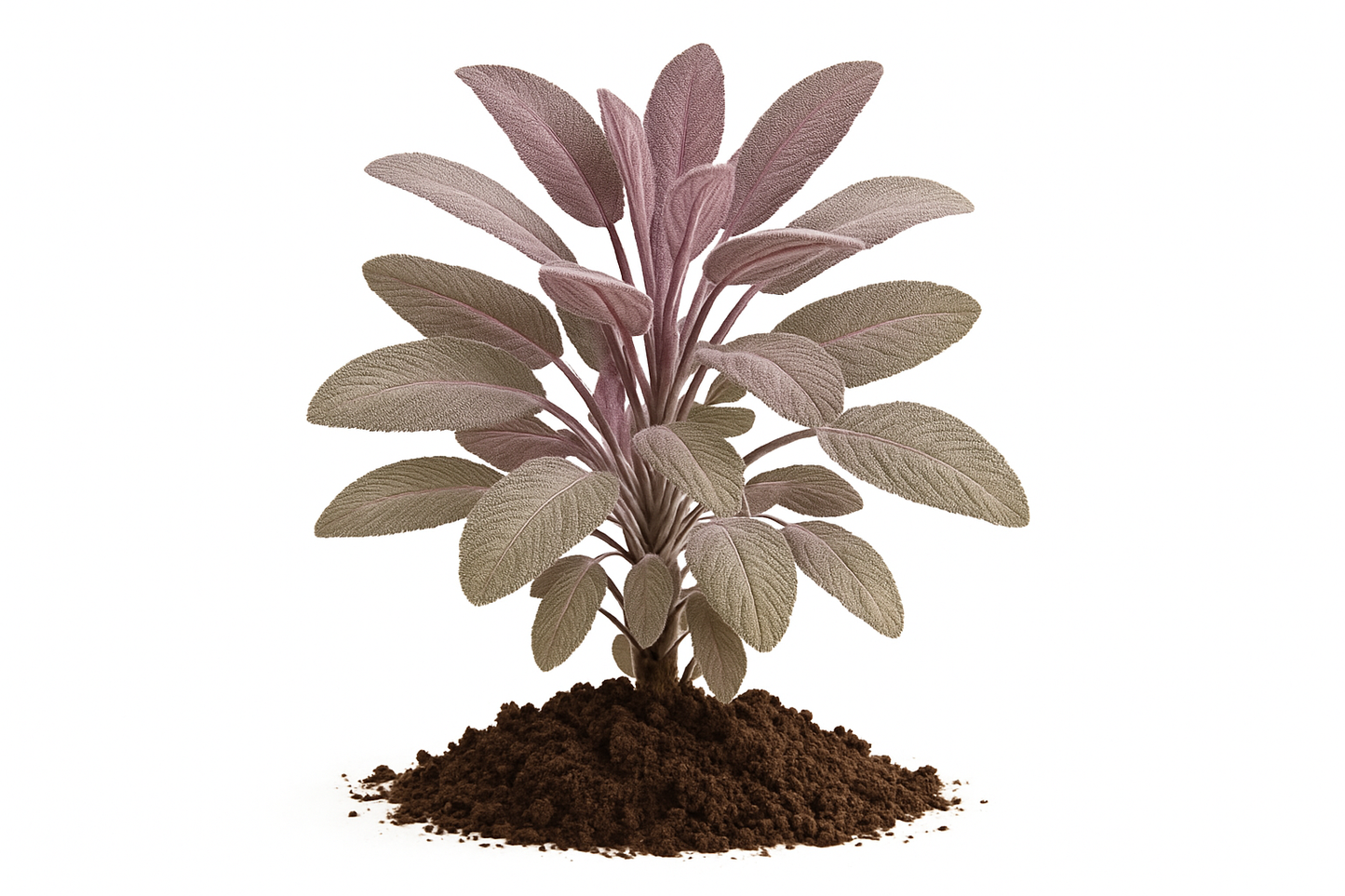 sage pink Show the entire, mature plant upright with true-to-type, healthy foliage, and in a small clump of natural soil. Use a solid, clean white background in a high-detail, fresh botanical catalog style for an online store.