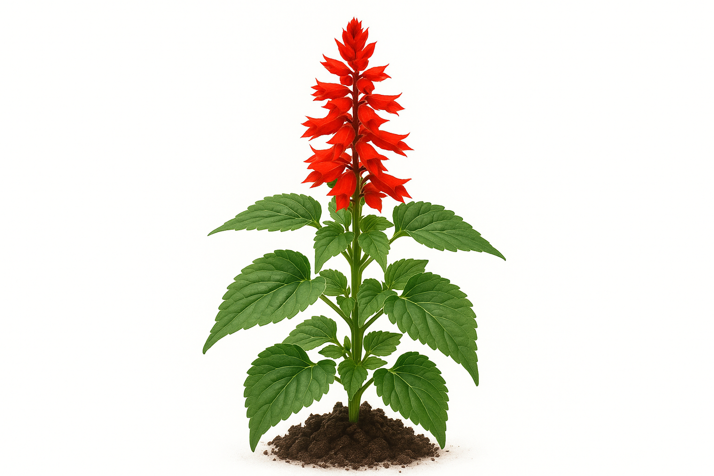 sage scarlet/tropical Show the entire, mature plant upright with true-to-type, healthy foliage, and in a small clump of natural soil. Use a solid, clean white background in a high-detail, fresh botanical catalog style for an online store.
