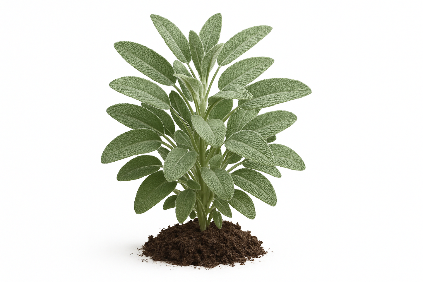 Sage Show the entire, mature plant upright with true-to-type, healthy foliage, the edible part visible, and in a small clump of natural soil. Use a solid, clean white background in a high-detail, fresh botanical catalog style for an online store.
Also show a close-up of the mature edible part (such as fruit, leaf, head, or flower) alone, on the same solid white background with accurate color, texture, and premium, fresh-picked appearance.