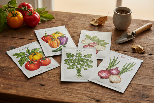 Seed packets styled with tomatoes, peppers, cilantro, and onions on a rustic kitchen surface, vibrant colors, warm lighting, casual home garden feel, clean and uncluttered