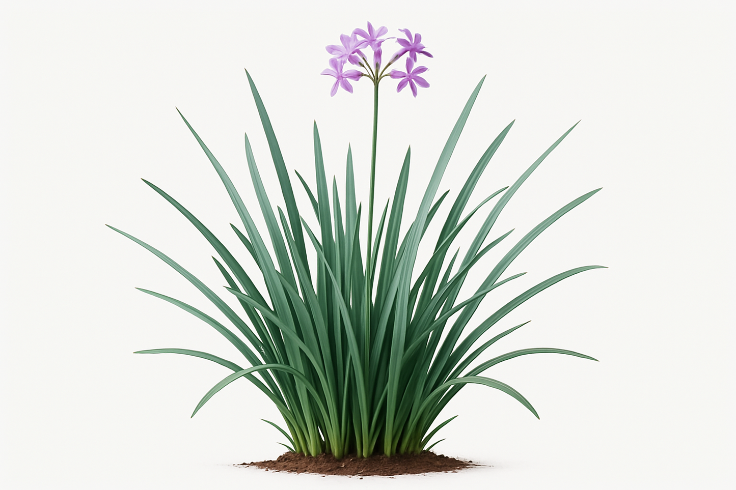 society garlic green Show the entire, mature plant upright with true-to-type, healthy foliage, and in a small clump of natural soil. Use a solid, clean white background in a high-detail, fresh botanical catalog style for an online store.