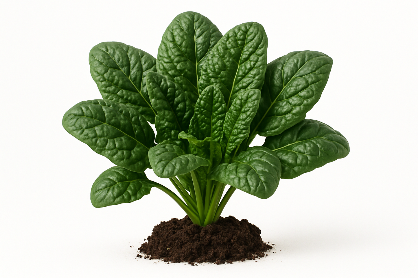 Spinach Bloomsdale Show the entire, mature plant upright with true-to-type, healthy foliage, the edible part visible, and in a small clump of natural soil. Use a solid, clean white background in a high-detail, fresh botanical catalog style for an online store.
Also show a close-up of the mature edible part (such as fruit, leaf, head, or flower) alone, on the same solid white background with accurate color, texture, and premium, fresh-picked appearance.