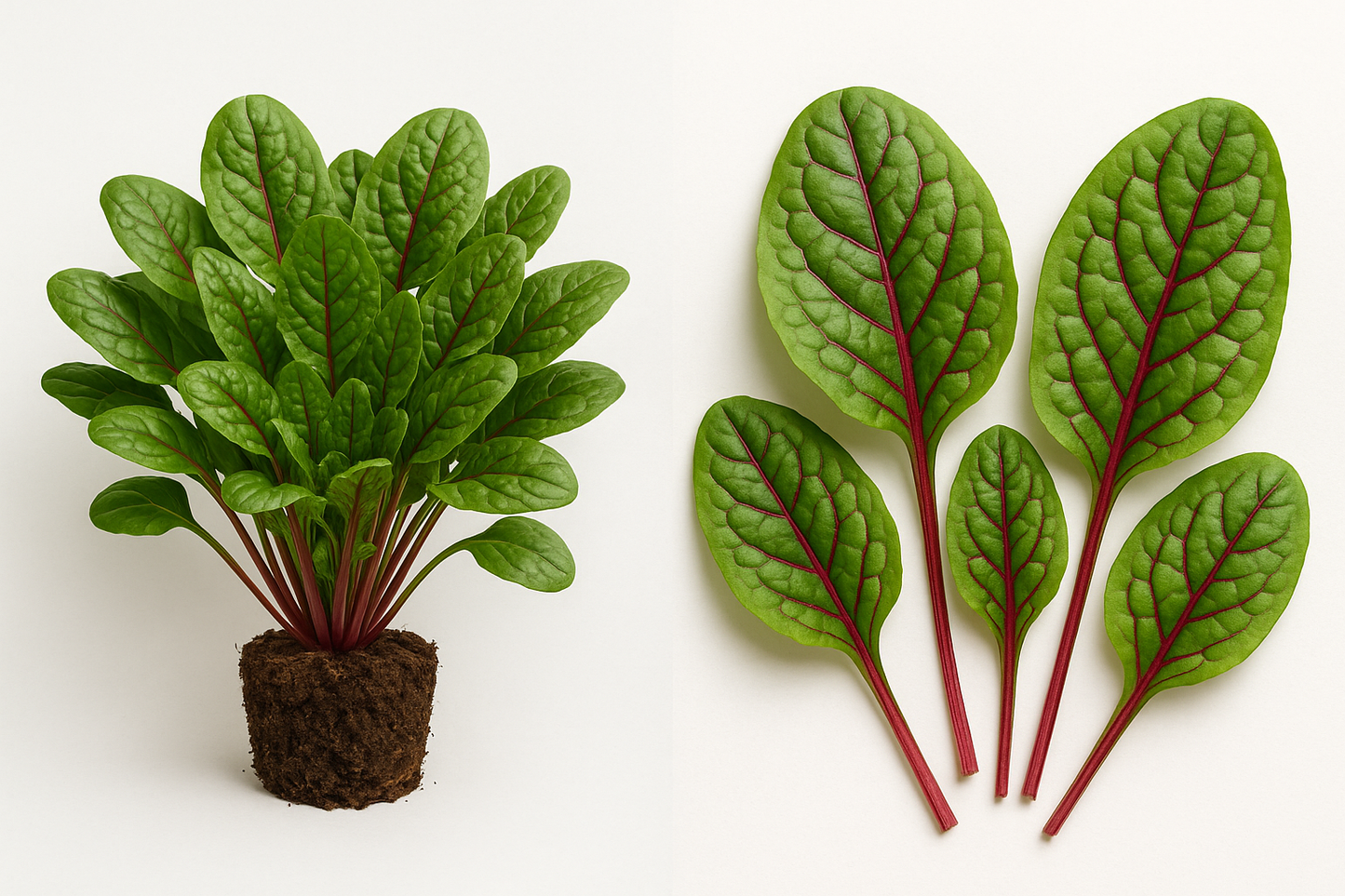 Spinach Red Kitten Show the entire, mature plant upright with true-to-type, healthy foliage, the edible part visible, and in a small clump of natural soil. Use a solid, clean white background in a high-detail, fresh botanical catalog style for an online store.
Also show a close-up of the mature edible part (such as fruit, leaf, head, or flower) alone, on the same solid white background with accurate color, texture, and premium, fresh-picked appearance.