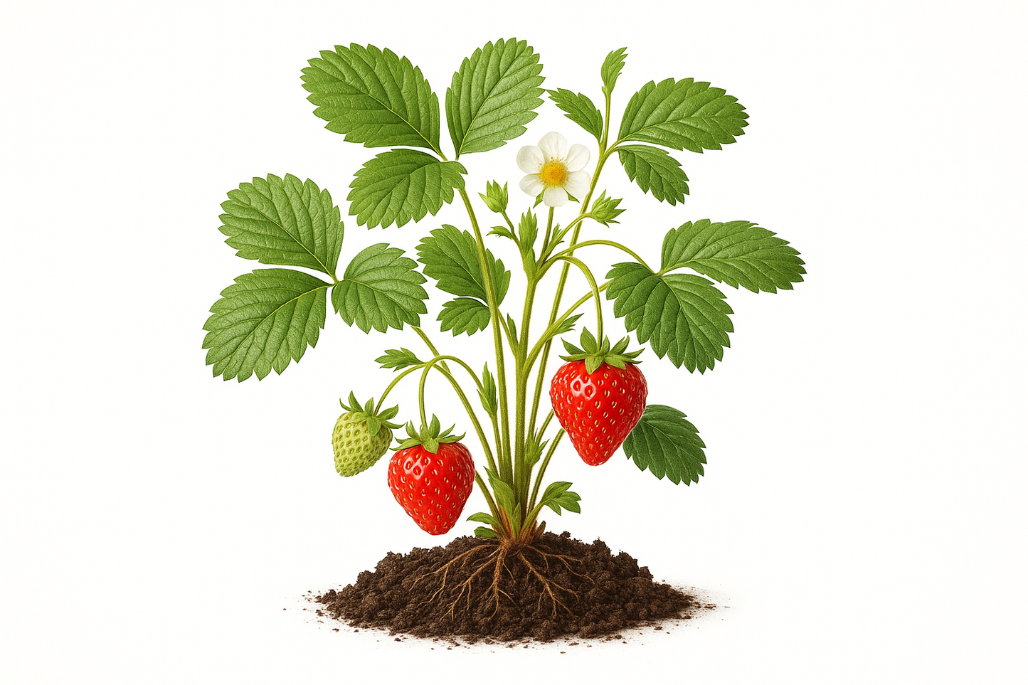 strawberry berries galore white Show the entire, mature plant upright with true-to-type, healthy foliage, and in a small clump of natural soil. Use a solid, clean white background in a high-detail, fresh botanical catalog style for an online store.