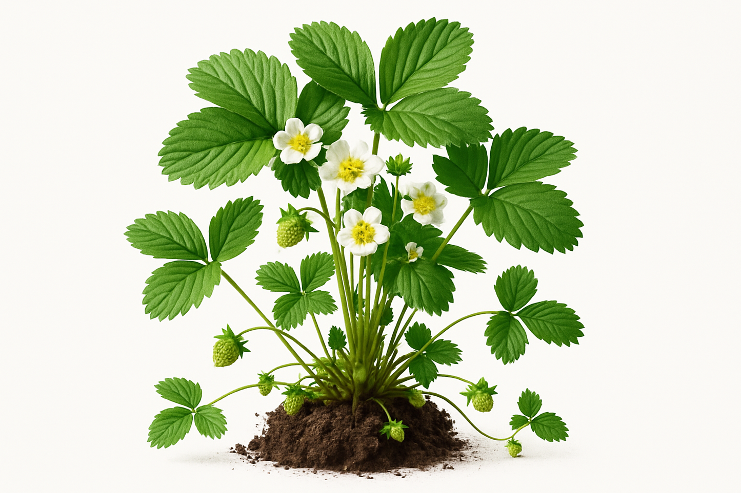 strawberry fresca Show the entire, mature plant upright with true-to-type, healthy foliage, and in a small clump of natural soil. Use a solid, clean white background in a high-detail, fresh botanical catalog style for an online store.