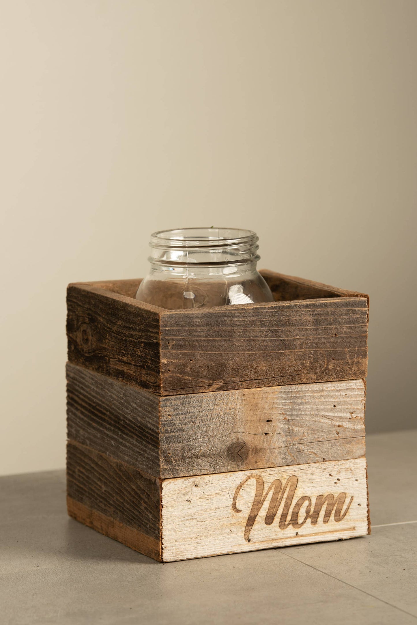 Rustic Wood Farmhouse Crock / Planter - Mom