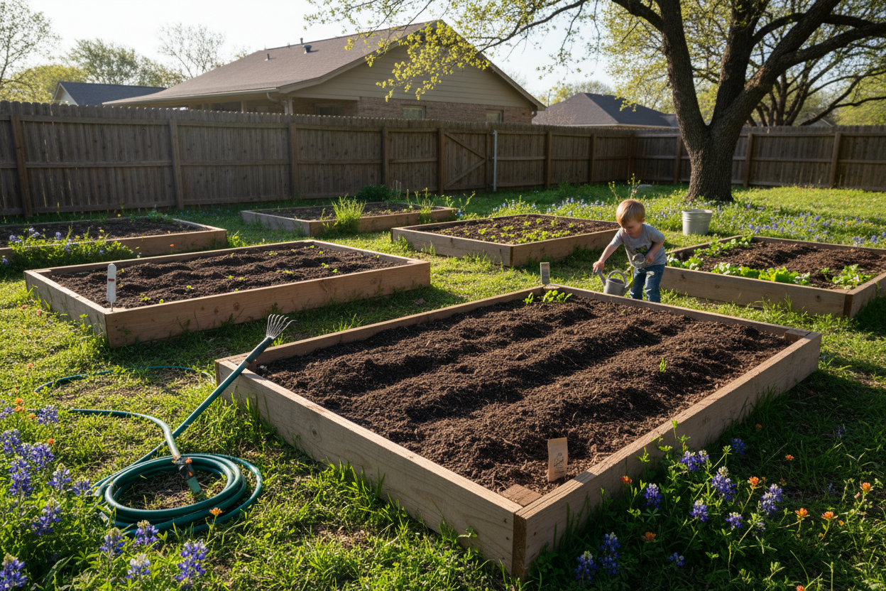 Active Central Texas garden in March with new seeds being sown outdoors, prepared raised beds, fresh soil, early spring greenery, warm sunlight, backyard scale, photorealistic.