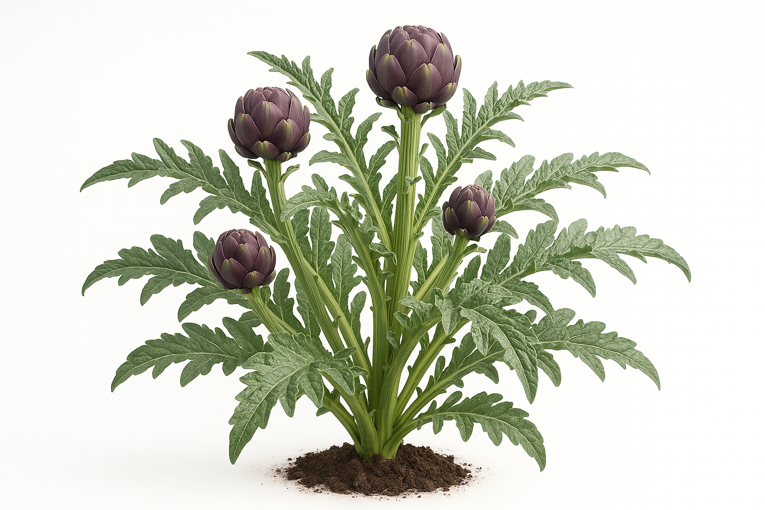 Artichoke Purple Italian Globe Show the entire, mature plant upright with true-to-type, healthy foliage, the edible part visible, and in a small clump of natural soil. Use a solid, clean white background in a high-detail, fresh botanical catalog style for an online store.
Also show a close-up of the mature edible part (such as fruit, leaf, head, or flower) alone, on the same solid white background with accurate color, texture, and premium, fresh-picked appearance.
