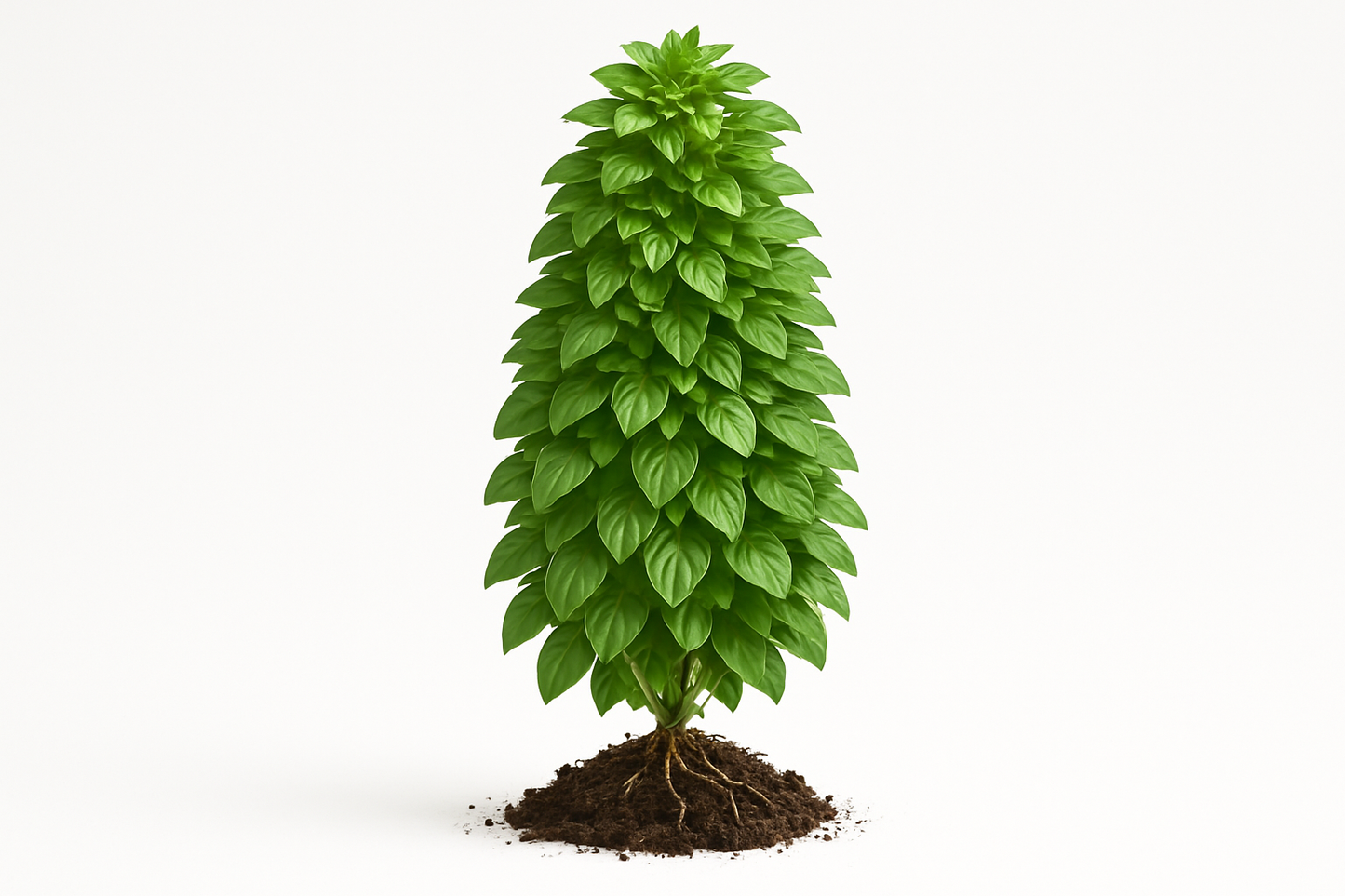 basil everleaf thai tower Show the entire, mature plant upright with true-to-type, healthy foliage, and in a small clump of natural soil. Use a solid, clean white background in a high-detail, fresh botanical catalog style for an online store.