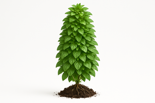 basil everleaf thai tower Show the entire, mature plant upright with true-to-type, healthy foliage, and in a small clump of natural soil. Use a solid, clean white background in a high-detail, fresh botanical catalog style for an online store.