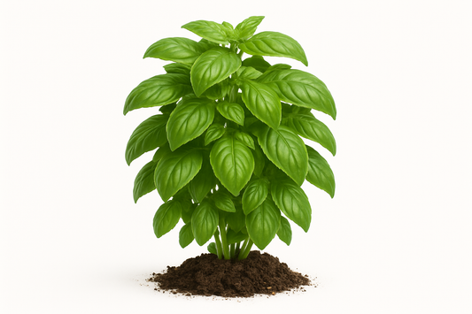 basil sweet dolce fresca Show the entire, mature plant upright with true-to-type, healthy foliage, and in a small clump of natural soil. Use a solid, clean white background in a high-detail, fresh botanical catalog style for an online store.