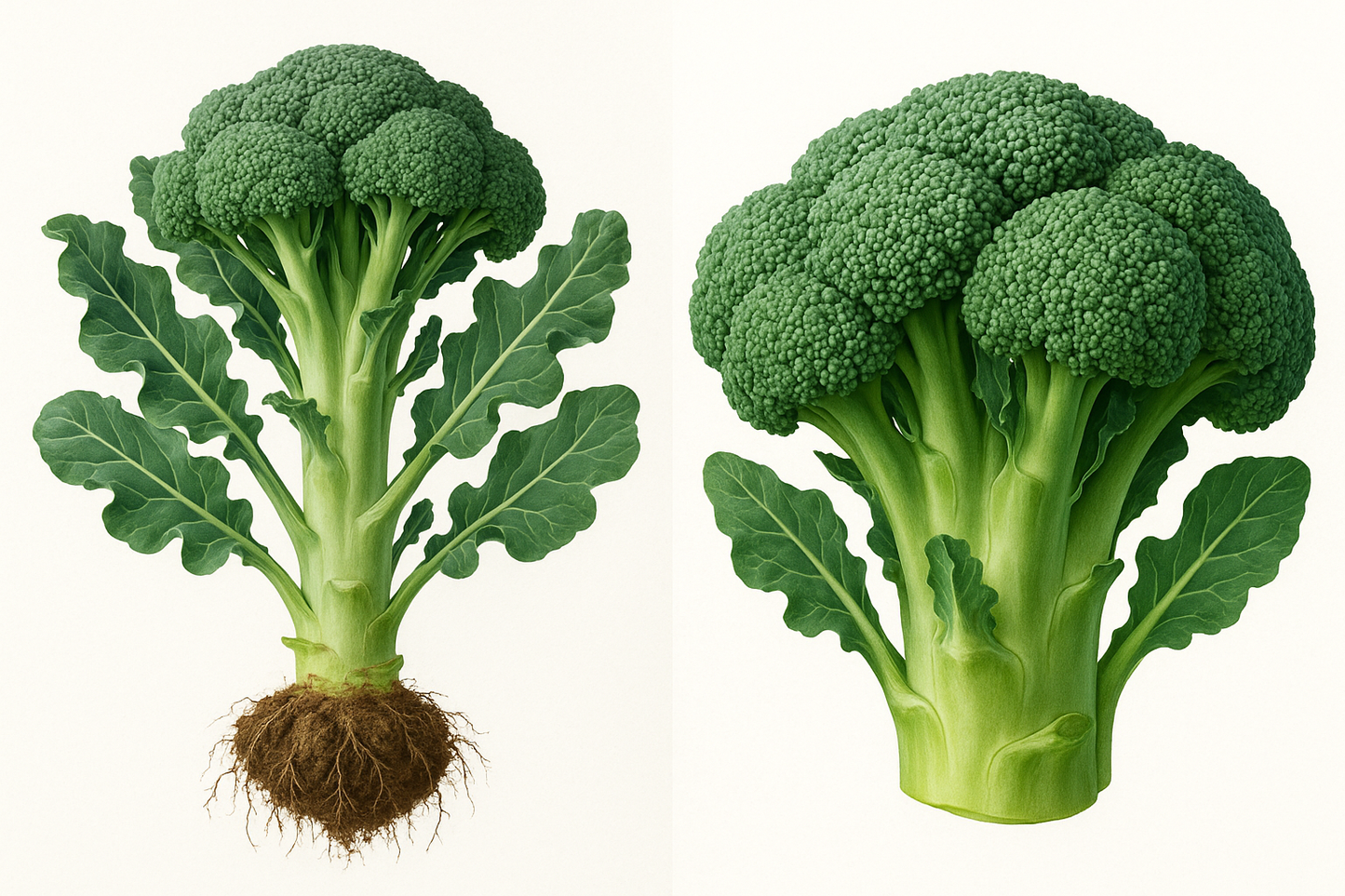 Broccoli (Stem) Artwork Show the entire, mature plant upright with true-to-type, healthy foliage, the edible part visible, and in a small clump of natural soil. Use a solid, clean white background in a high-detail, fresh botanical catalog style for an online store.
Also show a close-up of the mature edible part (such as fruit, leaf, head, or flower) alone, on the same solid white background with accurate color, texture, and premium, fresh-picked appearance.
