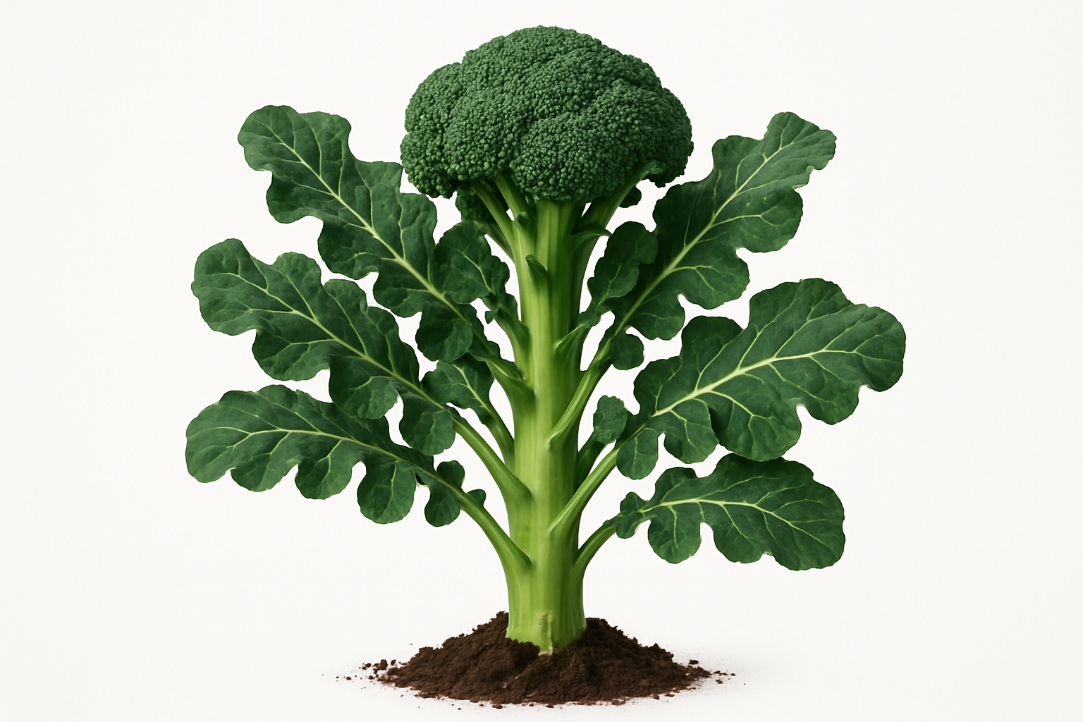 Broccoli Waltham 29 Show the entire, mature plant upright with true-to-type, healthy foliage, the edible part visible, and in a small clump of natural soil. Use a solid, clean white background in a high-detail, fresh botanical catalog style for an online store.
Also show a close-up of the mature edible part (such as fruit, leaf, head, or flower) alone, on the same solid white background with accurate color, texture, and premium, fresh-picked appearance.
