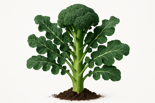 Broccoli Waltham 29 Show the entire, mature plant upright with true-to-type, healthy foliage, the edible part visible, and in a small clump of natural soil. Use a solid, clean white background in a high-detail, fresh botanical catalog style for an online store.
Also show a close-up of the mature edible part (such as fruit, leaf, head, or flower) alone, on the same solid white background with accurate color, texture, and premium, fresh-picked appearance.
