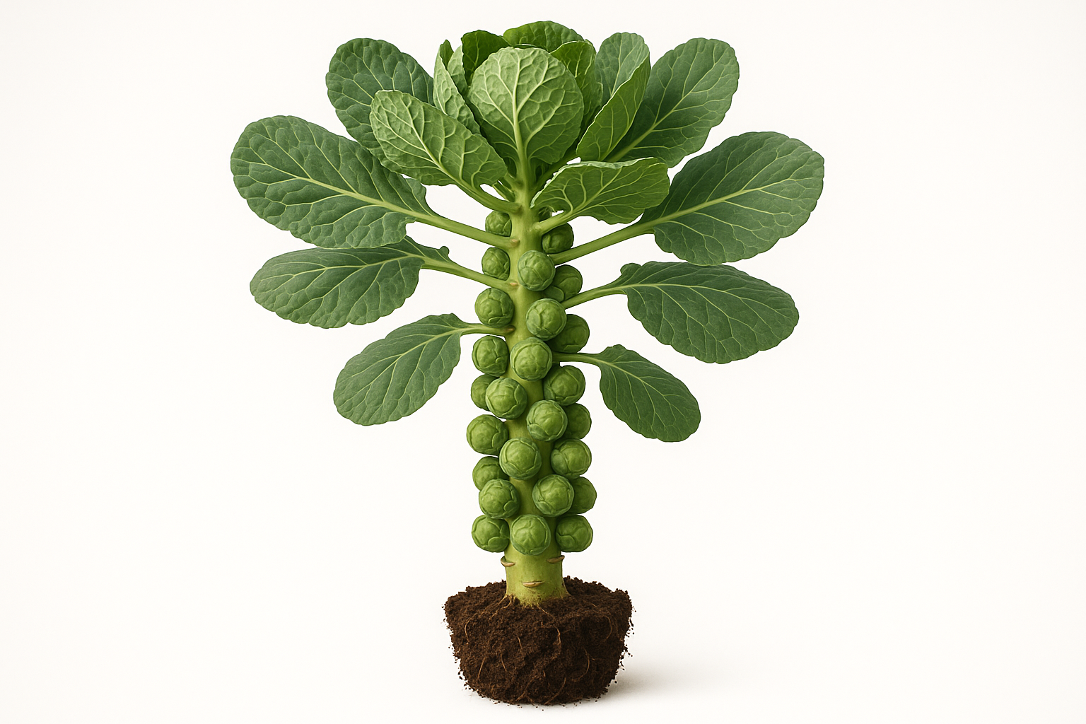 Brussels Sprouts Long Island Green Show the entire, mature plant upright with true-to-type, healthy foliage, the edible part visible, and in a small clump of natural soil. Use a solid, clean white background in a high-detail, fresh botanical catalog style for an online store.
Also show a close-up of the mature edible part (such as fruit, leaf, head, or flower) alone, on the same solid white background with accurate color, texture, and premium, fresh-picked appearance.
