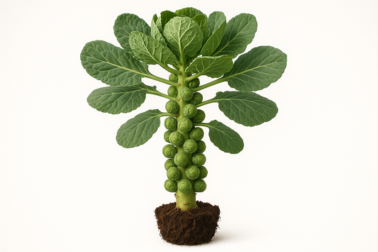 Brussels Sprouts Long Island Green Show the entire, mature plant upright with true-to-type, healthy foliage, the edible part visible, and in a small clump of natural soil. Use a solid, clean white background in a high-detail, fresh botanical catalog style for an online store.
Also show a close-up of the mature edible part (such as fruit, leaf, head, or flower) alone, on the same solid white background with accurate color, texture, and premium, fresh-picked appearance.
