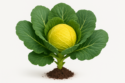 Cabbage Golden Cross Show the entire, mature plant upright with true-to-type, healthy foliage, the edible part visible, and in a small clump of natural soil. Use a solid, clean white background in a high-detail, fresh botanical catalog style for an online store.
Also show a close-up of the mature edible part (such as fruit, leaf, head, or flower) alone, on the same solid white background with accurate color, texture, and premium, fresh-picked appearance.
