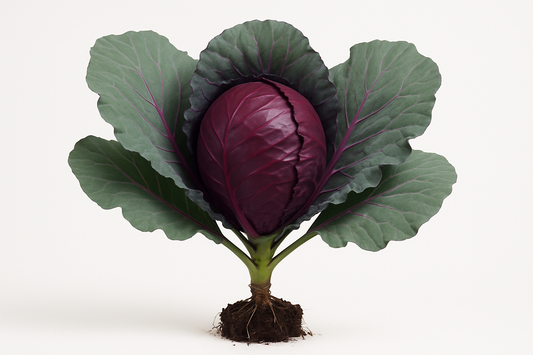 Cabbage Ruby Perfection Show the entire, mature plant upright with true-to-type, healthy foliage, the edible part visible, and in a small clump of natural soil. Use a solid, clean white background in a high-detail, fresh botanical catalog style for an online store.
Also show a close-up of the mature edible part (such as fruit, leaf, head, or flower) alone, on the same solid white background with accurate color, texture, and premium, fresh-picked appearance.
