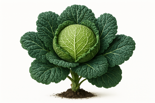 Cabbage Savoy Drumhead Show the entire, mature plant upright with true-to-type, healthy foliage, the edible part visible, and in a small clump of natural soil. Use a solid, clean white background in a high-detail, fresh botanical catalog style for an online store.
Also show a close-up of the mature edible part (such as fruit, leaf, head, or flower) alone, on the same solid white background with accurate color, texture, and premium, fresh-picked appearance.
