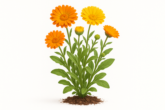 Calendula Show the entire, mature plant upright with true-to-type, healthy foliage, and in a small clump of natural soil. Use a solid, clean white background in a high-detail, fresh botanical catalog style for an online store.
