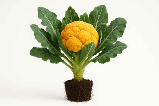 Cauliflower Cheddar Show the entire, mature plant upright with true-to-type, healthy foliage, the edible part visible, and in a small clump of natural soil. Use a solid, clean white background in a high-detail, fresh botanical catalog style for an online store.
Also show a close-up of the mature edible part (such as fruit, leaf, head, or flower) alone, on the same solid white background with accurate color, texture, and premium, fresh-picked appearance.
