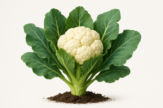 Cauliflower Graffiti Show the entire, mature plant upright with true-to-type, healthy foliage, the edible part visible, and in a small clump of natural soil. Use a solid, clean white background in a high-detail, fresh botanical catalog style for an online store.
Also show a close-up of the mature edible part (such as fruit, leaf, head, or flower) alone, on the same solid white background with accurate color, texture, and premium, fresh-picked appearance.
