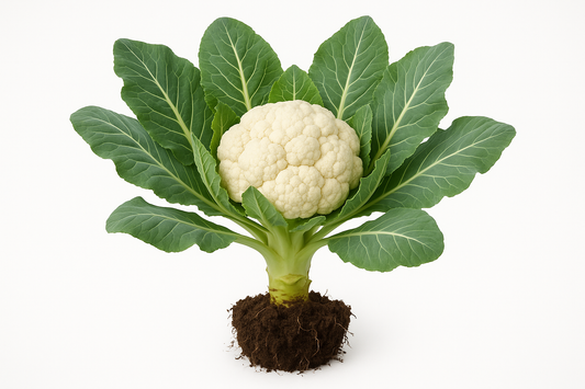 Cauliflower Snow Crown Show the entire, mature plant upright with true-to-type, healthy foliage, the edible part visible, and in a small clump of natural soil. Use a solid, clean white background in a high-detail, fresh botanical catalog style for an online store.
Also show a close-up of the mature edible part (such as fruit, leaf, head, or flower) alone, on the same solid white background with accurate color, texture, and premium, fresh-picked appearance.
