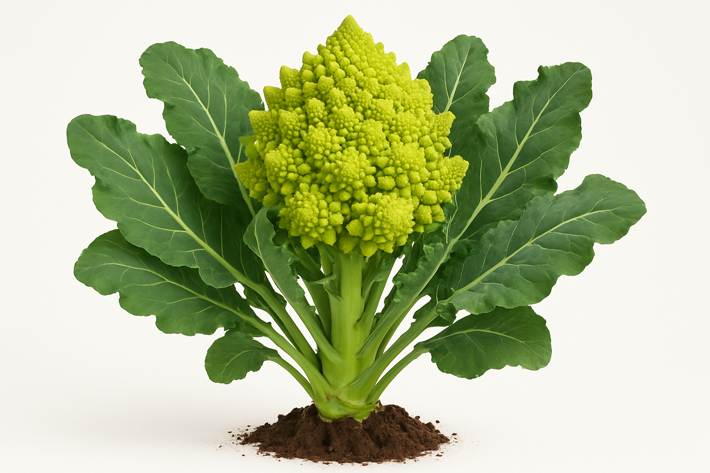 Cauliflower Veronica- Romanesco Show the entire, mature plant upright with true-to-type, healthy foliage, the edible part visible, and in a small clump of natural soil. Use a solid, clean white background in a high-detail, fresh botanical catalog style for an online store.
Also show a close-up of the mature edible part (such as fruit, leaf, head, or flower) alone, on the same solid white background with accurate color, texture, and premium, fresh-picked appearance.
