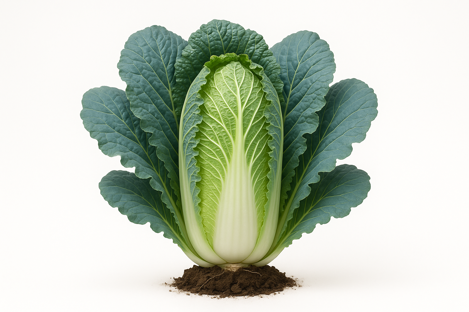 Chinese Cabbage Chinese Blues Show the entire, mature plant upright with true-to-type, healthy foliage, the edible part visible, and in a small clump of natural soil. Use a solid, clean white background in a high-detail, fresh botanical catalog style for an online store.
Also show a close-up of the mature edible part (such as fruit, leaf, head, or flower) alone, on the same solid white background with accurate color, texture, and premium, fresh-picked appearance.
