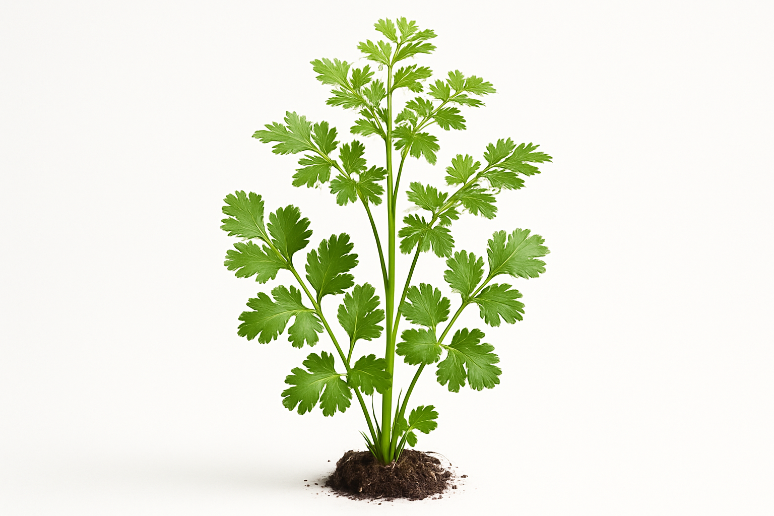 cilantro Show the entire, mature plant upright with true-to-type, healthy foliage, and in a small clump of natural soil. Use a solid, clean white background in a high-detail, fresh botanical catalog style for an online store.