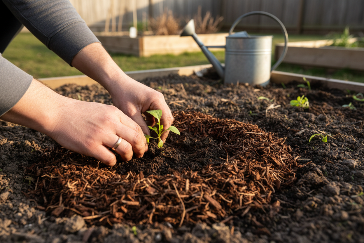 Cold-tolerant seedlings being transplanted outdoors in February on a mild day, watered soil, mulch applied, realistic backyard garden, photorealistic.