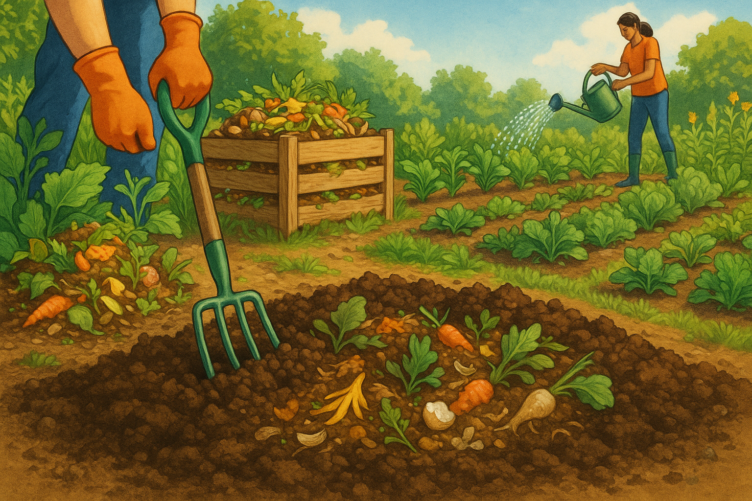 Composting, soil prep, watering, in a garden 