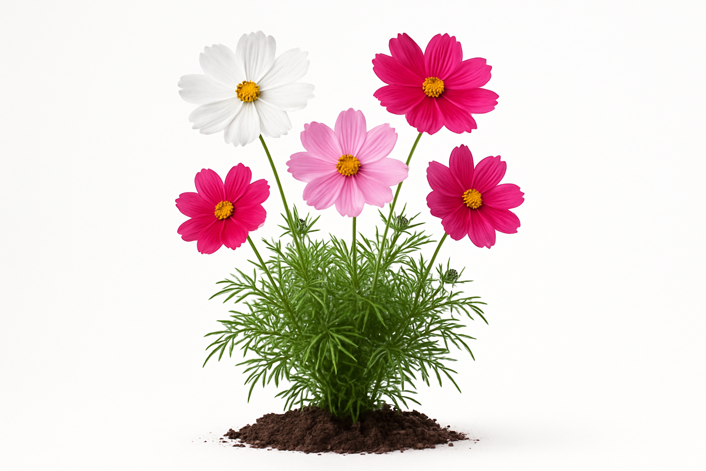 cosmos sonata Show the entire, mature plant upright with true-to-type, healthy foliage, and in a small clump of natural soil. Use a solid, clean white background in a high-detail, fresh botanical catalog style for an online store.
