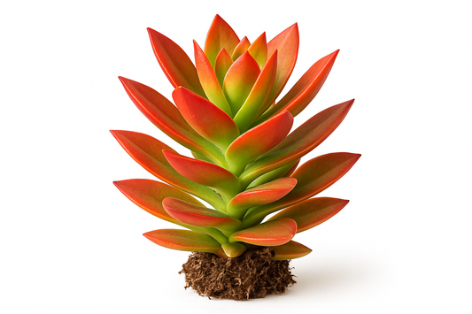 crassula campfire Show the entire, mature plant upright with true-to-type, healthy foliage, and in a small clump of natural soil. Use a solid, clean white background in a high-detail, fresh botanical catalog style for an online store.
