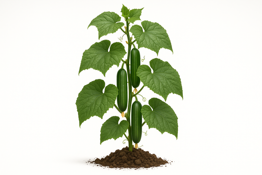 Cucumber Burpless Show the entire, mature plant upright with true-to-type, healthy foliage, the edible part visible, and in a small clump of natural soil. Use a solid, clean white background in a high-detail, fresh botanical catalog style for an online store.
Also show a close-up of the mature edible part (such as fruit, leaf, head, or flower) alone, on the same solid white background with accurate color, texture, and premium, fresh-picked appearance.
