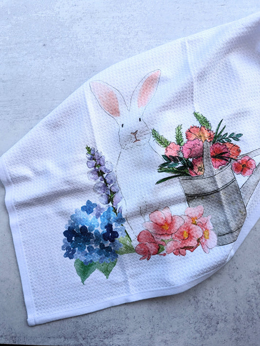 Large Kitchen Tea Towel - Spring Bunny with Flowers