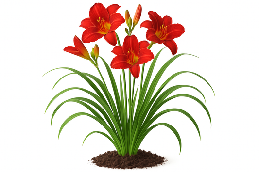 Daylily Frankly Scarlet Show the entire, mature plant upright with true-to-type, healthy foliage, and in a small clump of natural soil. Use a solid, clean white background in a high-detail, fresh botanical catalog style for an online store.
