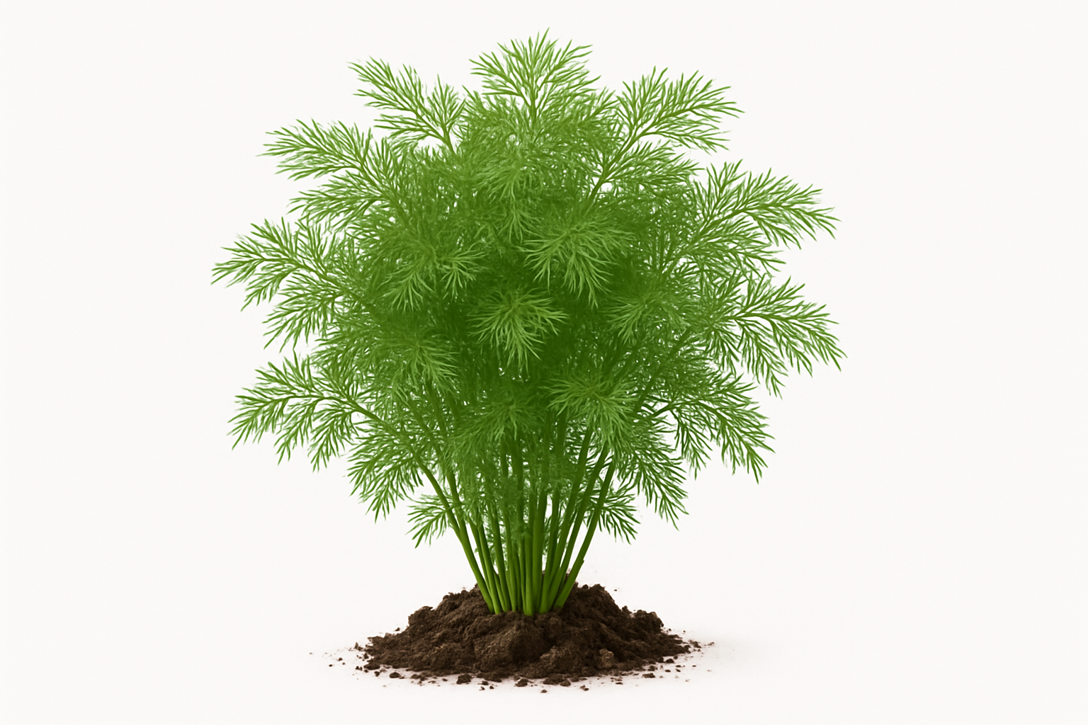 Dill Fernleaf Show the entire, mature plant upright with true-to-type, healthy foliage, the edible part visible, and in a small clump of natural soil. Use a solid, clean white background in a high-detail, fresh botanical catalog style for an online store.
Also show a close-up of the mature edible part (such as fruit, leaf, head, or flower) alone, on the same solid white background with accurate color, texture, and premium, fresh-picked appearance.

