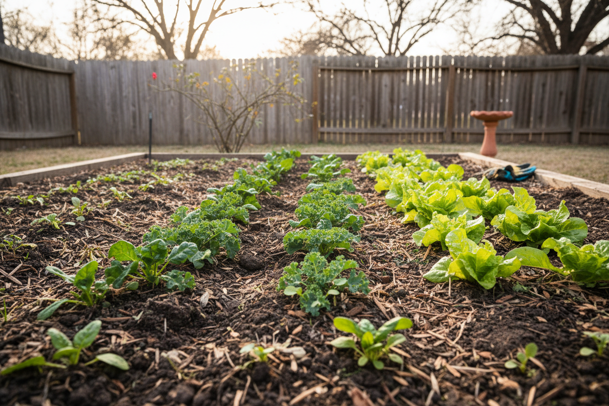 Early spring Central Texas garden in February with leafy greens emerging outdoors, soil recently worked, light mulch, mild winter sunlight, backyard garden scale, photorealistic