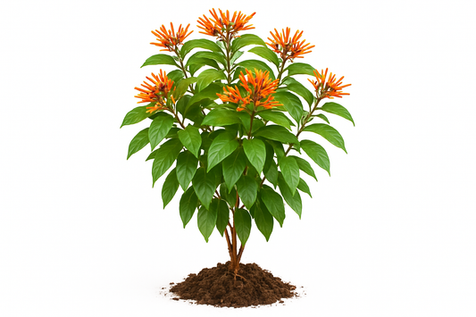 firebush Show the entire, mature plant upright with true-to-type, healthy foliage, and in a small clump of natural soil. Use a solid, clean white background in a high-detail, fresh botanical catalog style for an online store.

