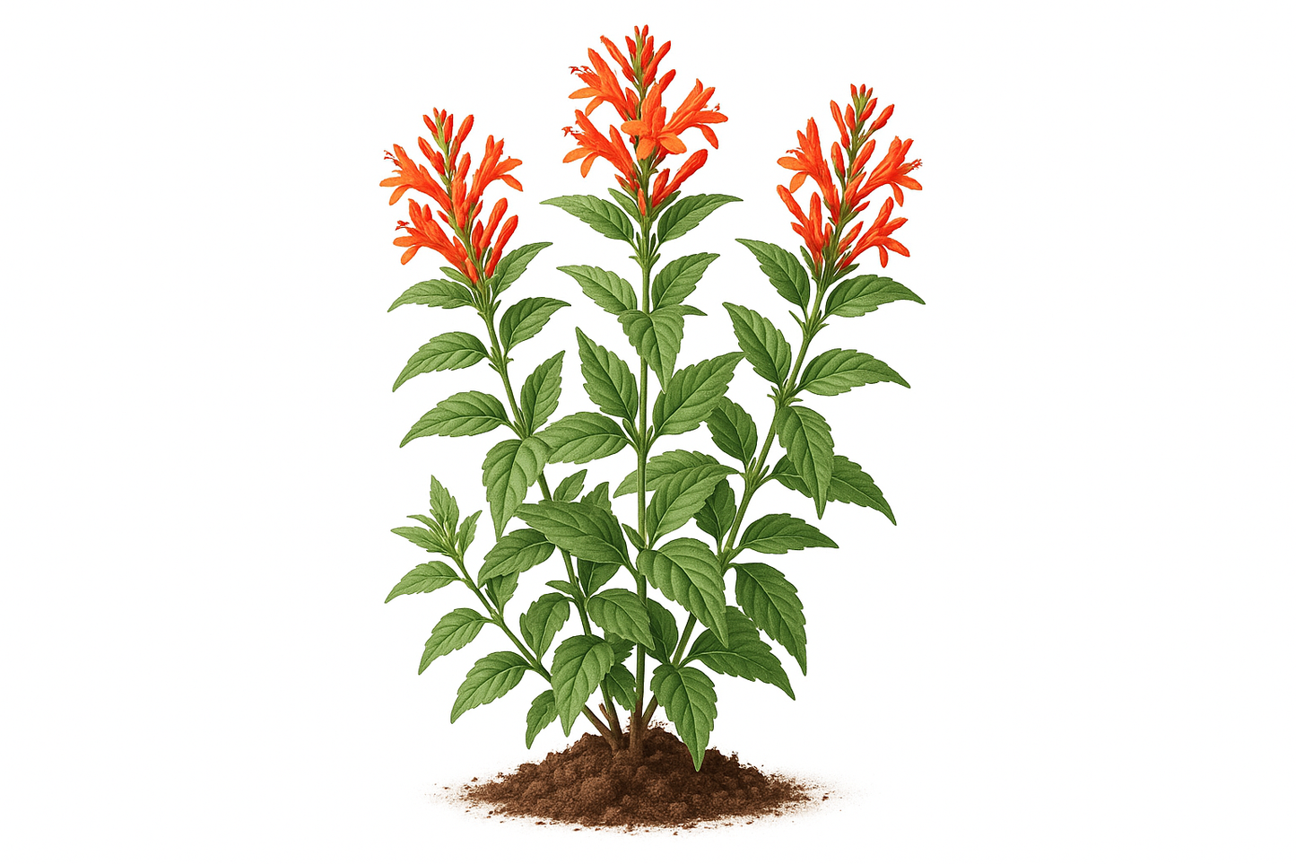 flame acanthus orange, red Show the entire, mature plant upright with true-to-type, healthy foliage, and in a small clump of natural soil. Use a solid, clean white background in a high-detail, fresh botanical catalog style for an online store.

