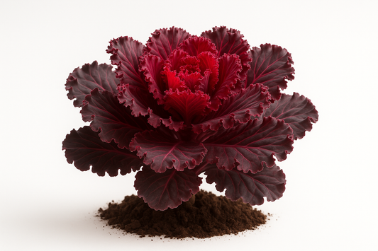 flowering kale crystal deep red plant with some soil and white background 