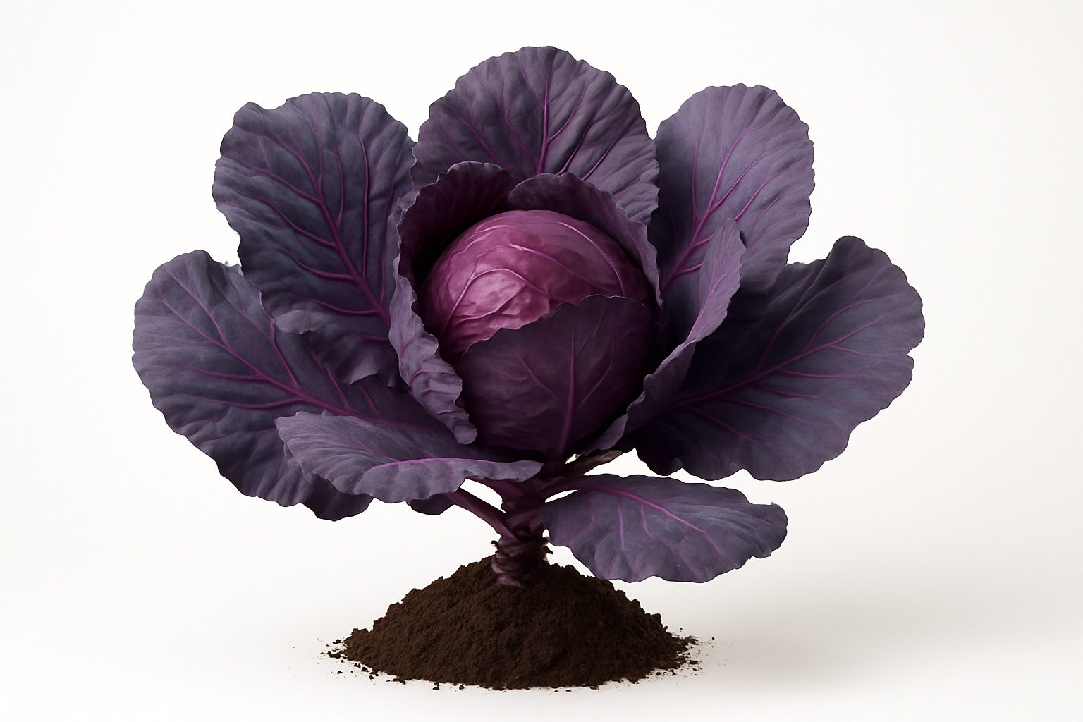 Generate two professional product images for Cabbage Red Acre:
Show the entire, mature plant upright with true-to-type, healthy foliage, the edible part visible, and in a small clump of natural soil. Use a solid, clean white background in a high-detail, fresh botanical catalog style for an online store.
Also show a close-up of the mature edible part (such as fruit, leaf, head, or flower) alone, on the same solid white background with accurate color, texture, and premium, fresh-picked appearance.

