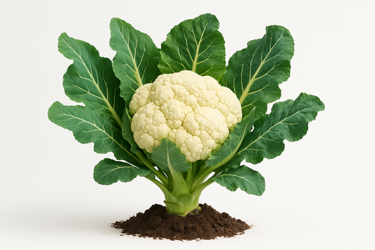 Generate two professional product images for Cauliflower Amazing:
Show the entire, mature plant upright with true-to-type, healthy foliage, the edible part visible, and in a small clump of natural soil. Use a solid, clean white background in a high-detail, fresh botanical catalog style for an online store.
Also show a close-up of the mature edible part (such as fruit, leaf, head, or flower) alone, on the same solid white background with accurate color, texture, and premium, fresh-picked appearance.
