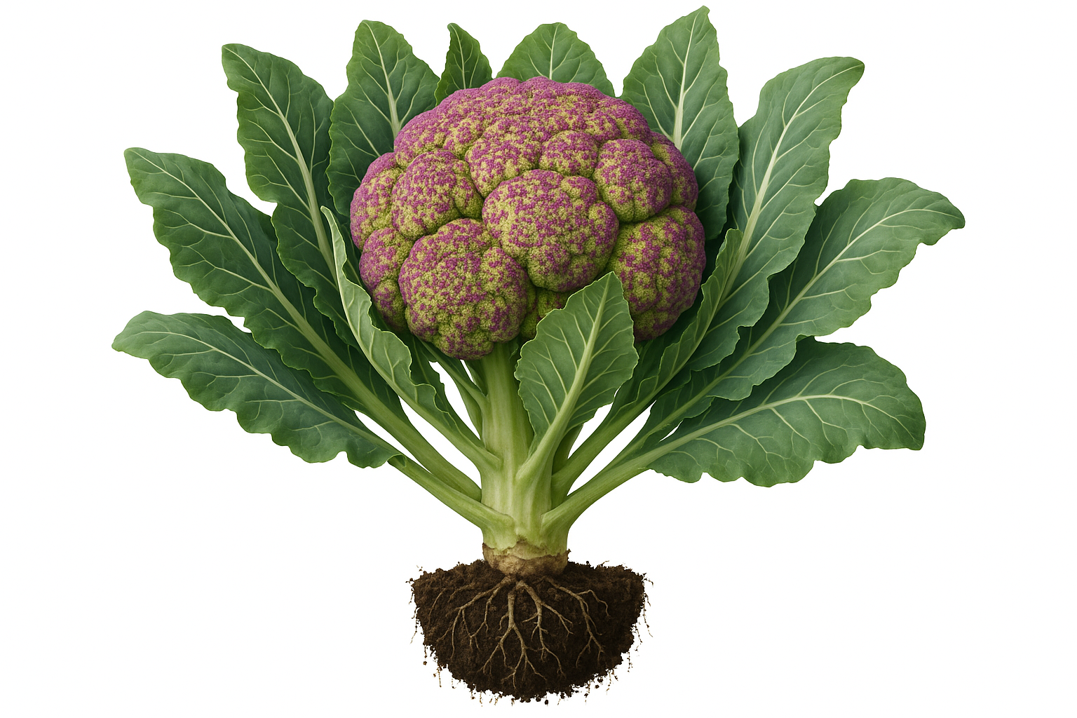 Generate two professional product images for Cauliflower Grafitti:
Show the entire, mature plant upright with true-to-type, healthy foliage, the edible part visible, and roots in a small clump of natural soil. Use a solid, clean white background in a high-detail, fresh botanical catalog style for an online store.
Also show a close-up of the mature edible part (such as fruit, leaf, head, or flower) alone, on the same solid white background with accurate color, texture, and premium, fresh-picked appearance.
