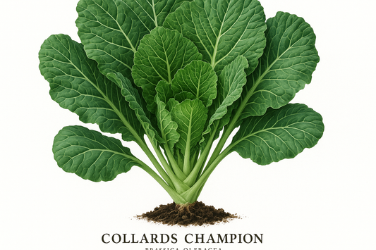 Generate two professional product images for Collards Champion :
Show the entire, mature plant upright with true-to-type, healthy foliage, the edible part visible, and roots in a small clump of natural soil. Use a solid, clean white background in a high-detail, fresh botanical catalog style for an online store.
Also show a close-up of the mature edible part (such as fruit, leaf, head, or flower) alone, on the same solid white background with accurate color, texture, and premium, fresh-picked appearance.

