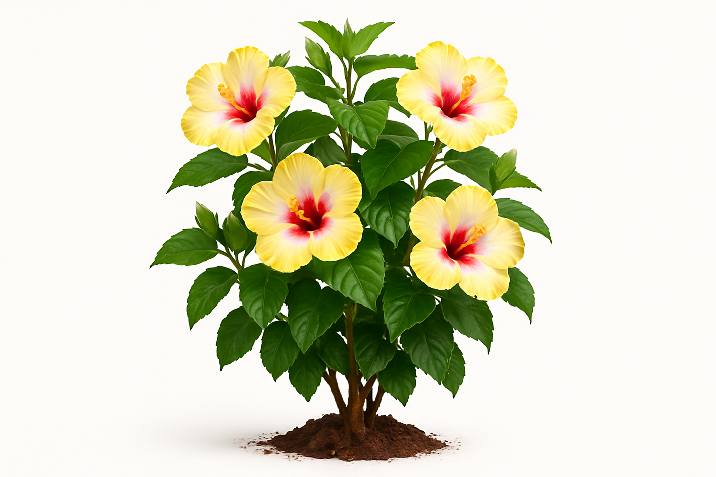 hibiscus tropical tradewind pina colada Show the entire, mature plant upright with true-to-type, healthy foliage, and in a small clump of natural soil. Use a solid, clean white background in a high-detail, fresh botanical catalog style for an online store.