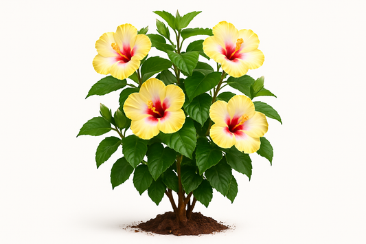 hibiscus tropical tradewind pina colada Show the entire, mature plant upright with true-to-type, healthy foliage, and in a small clump of natural soil. Use a solid, clean white background in a high-detail, fresh botanical catalog style for an online store.