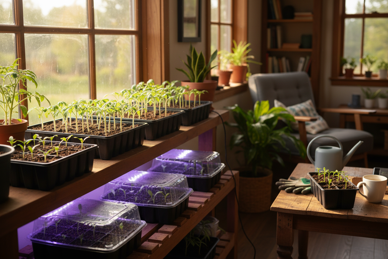 Indoor seed starting in March with warm-season crops growing in trays, healthy green seedlings, bright natural light, realistic home environment, photorealistic.